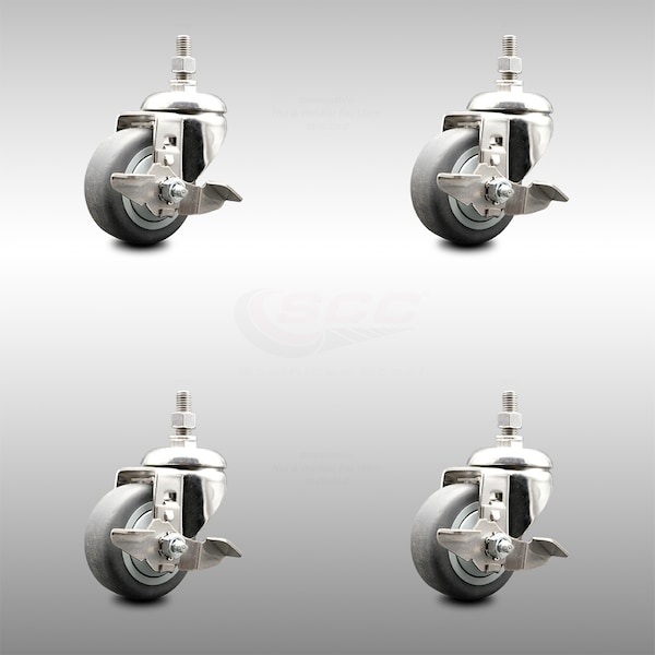 Service Caster 3.5 Inch 316SS Thermoplastic Rubber 10mm Threaded Stem Caster Set Brake SCC SCC-SS316TS20S3514-TPRB-TLB-M1015-4 - main